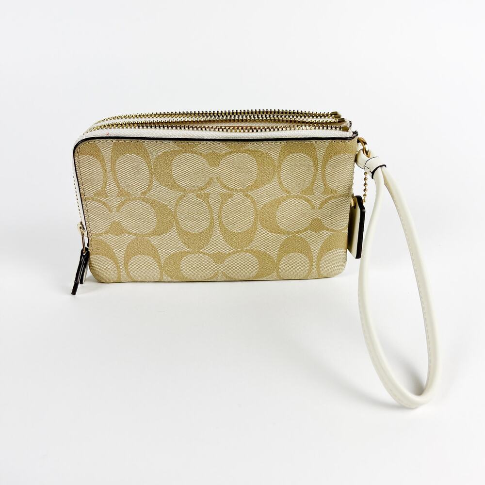 NWT Coach signature PVC double corner zip wristlet light khaki chalk white - Picture 6 of 7